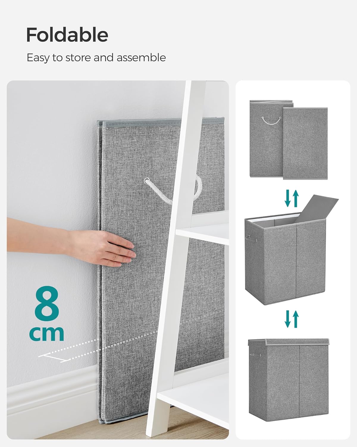 SONGMICS Cos de rufe textil, pliabil, 2 compartimente, saci detasabili, 142L, 60x36x66cm, gri