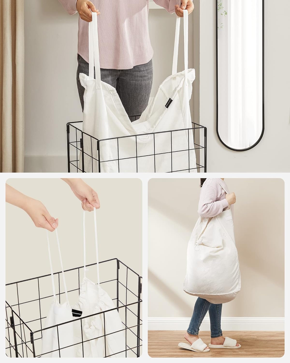 SONGMICS Cos de rufe pliabil cu cadru metalic, sac detasabil si lavabil, 90L, 48x33x58cm, negru si alb