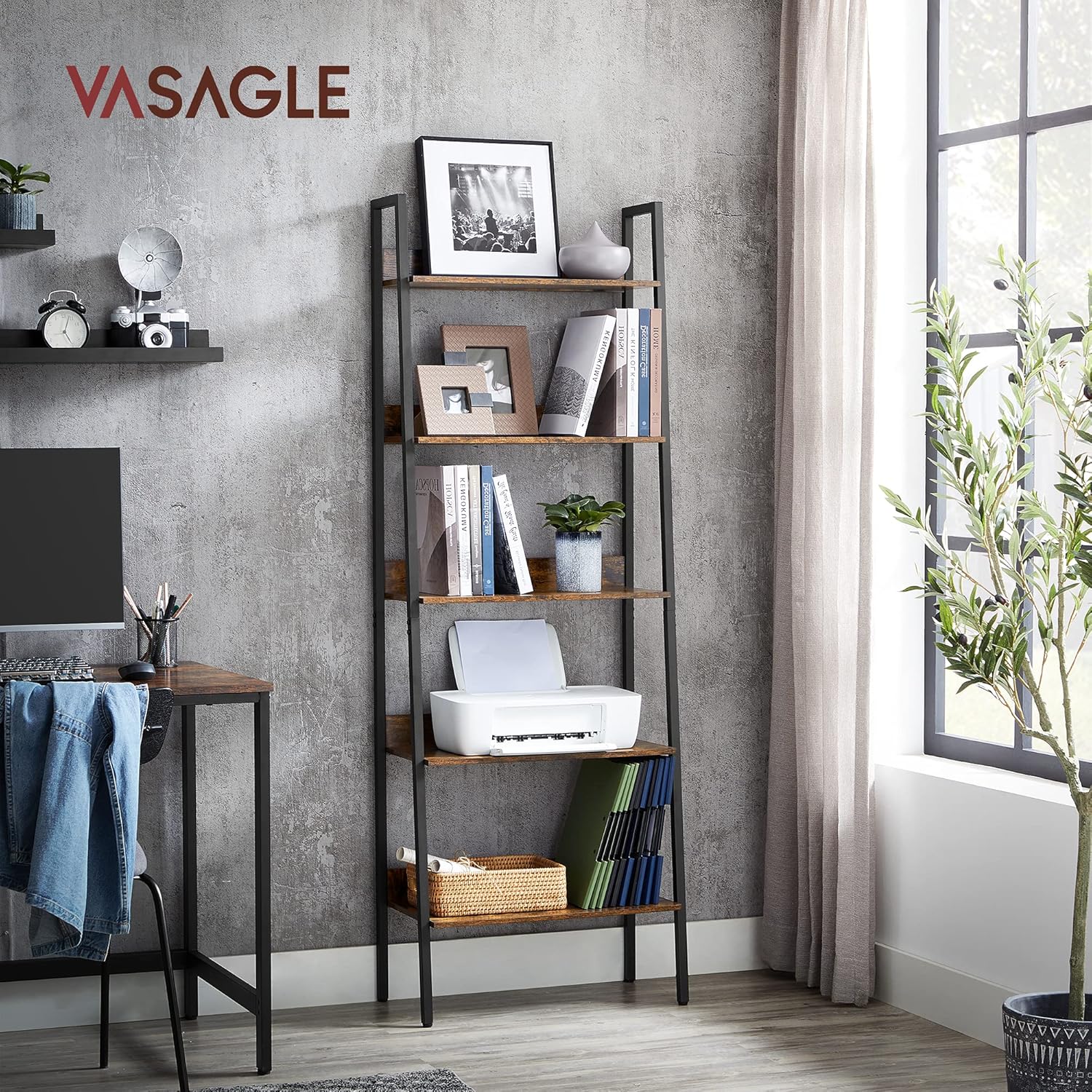 VASAGLE Biblioteca tip scara, cadru otel cu 5 polite, stil industrial, 60x30x170 cm, maro - 5