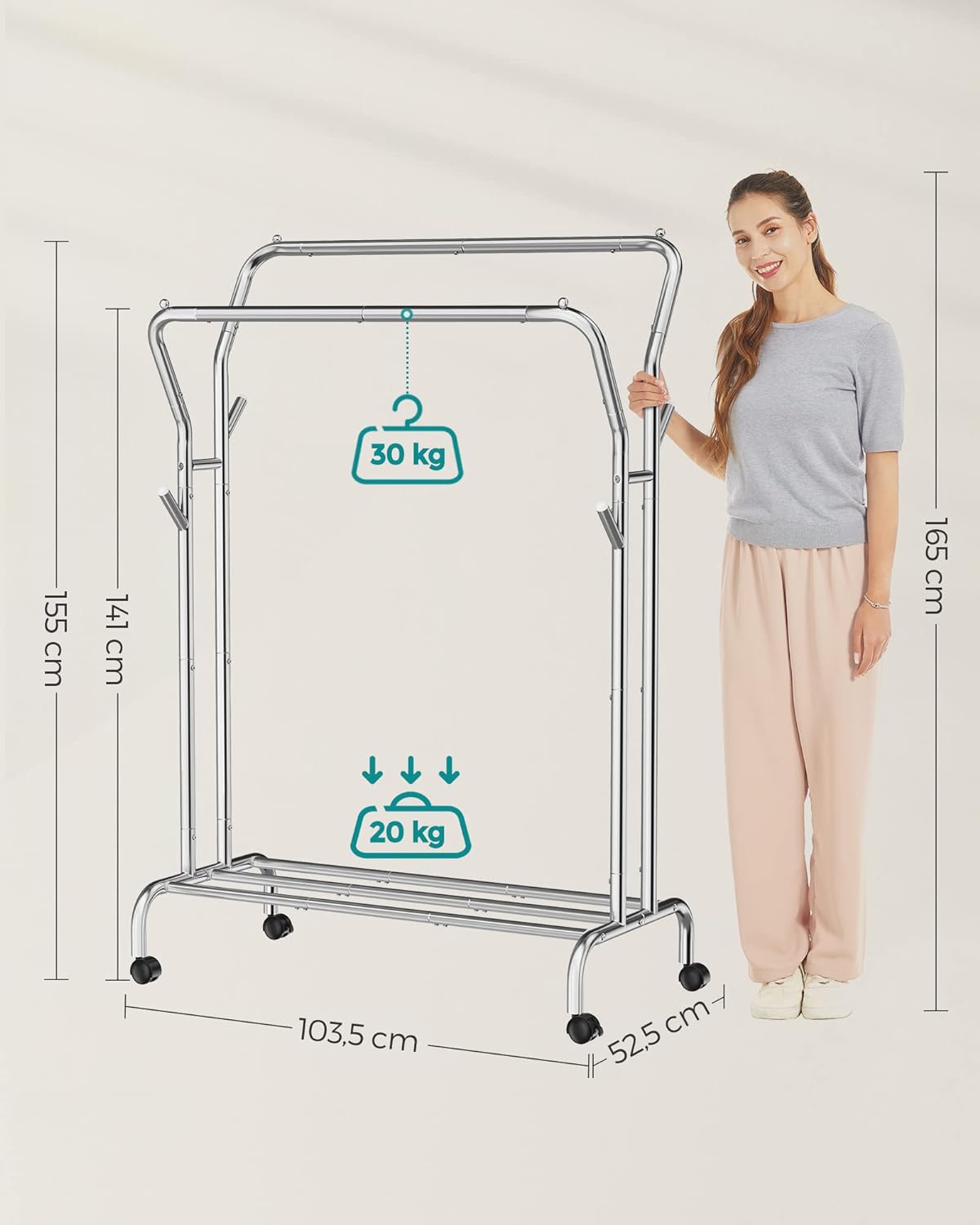 SONGMICS Suport pentru haine pe roti, cu polita, sina dubla, cadru metalic, sarcina 100kg, 53x104x155cm, inox argintiu