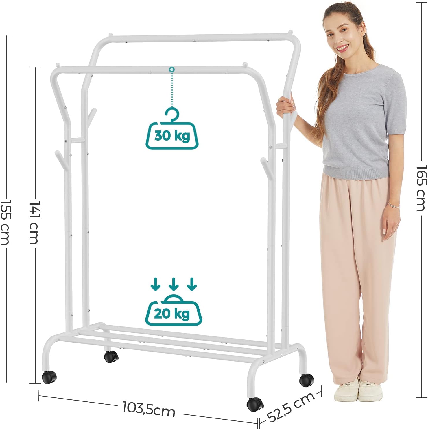SONGMICS Suport pentru haine pe roti, cu polita, sina dubla, cadru metalic, sarcina 100kg, 53x104x155cm, alb