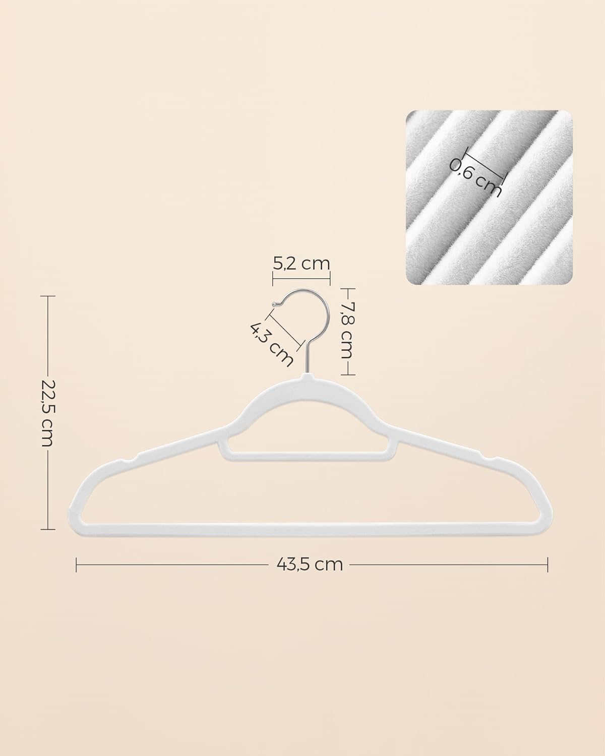 SONGMICS Set de 50 de umerase pentru haine, anti-alunecare cu catifea, bara de cravata si carlig pivotant, 43,5 cm, alb