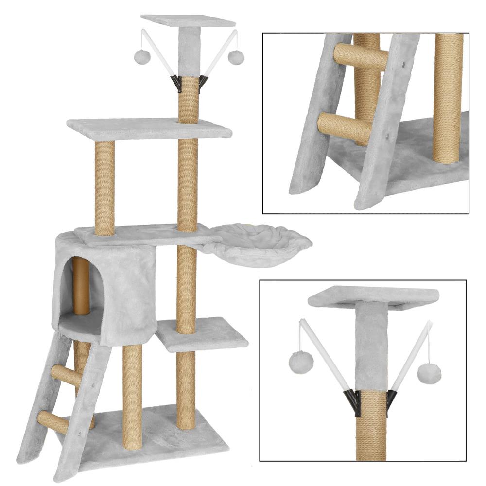 Ansamblu de joaca pentru pisici, cu loc pentru zgariat, ascuns, culcus, soricei, 136cm, gri