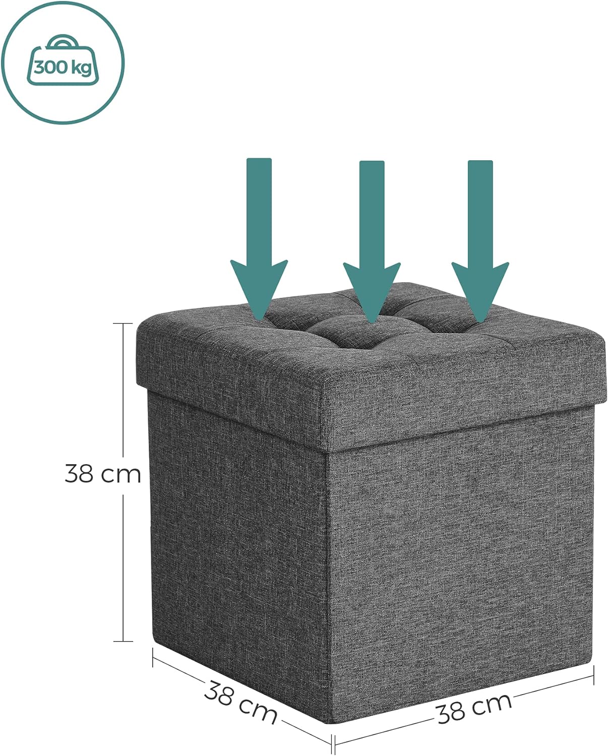 SONGMICS Taburet cu sezut moale, spatiu de depozitare, maxim 300kg, 38x38x38cm, gri inchis