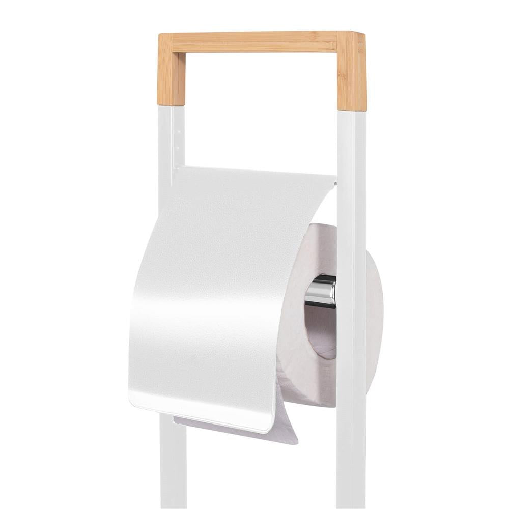 Stand cu perie WC si suport hartie igienica, metal si bambus, 76cm, alb perla