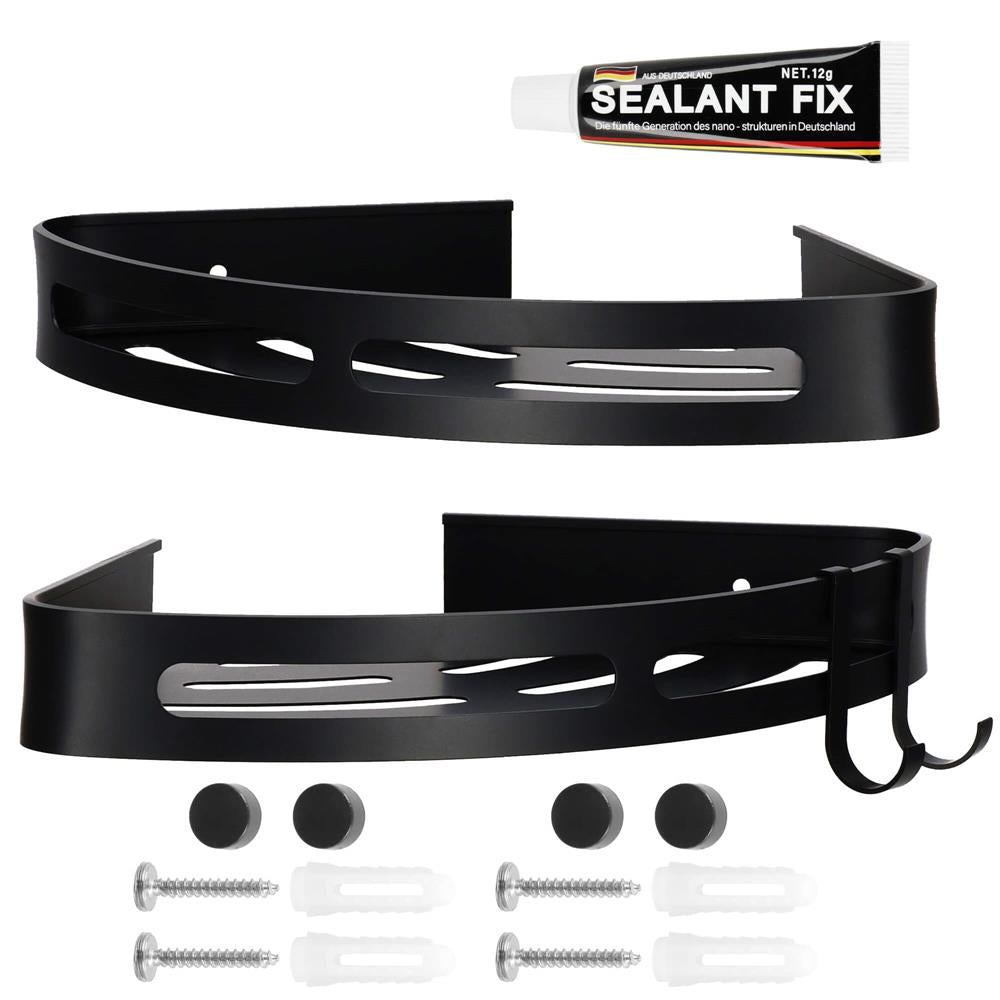 Set de 2 rafturi de baie pentru colt cu 2 sisteme instalare pe perete, aluminiu, 27x20x4cm, negru