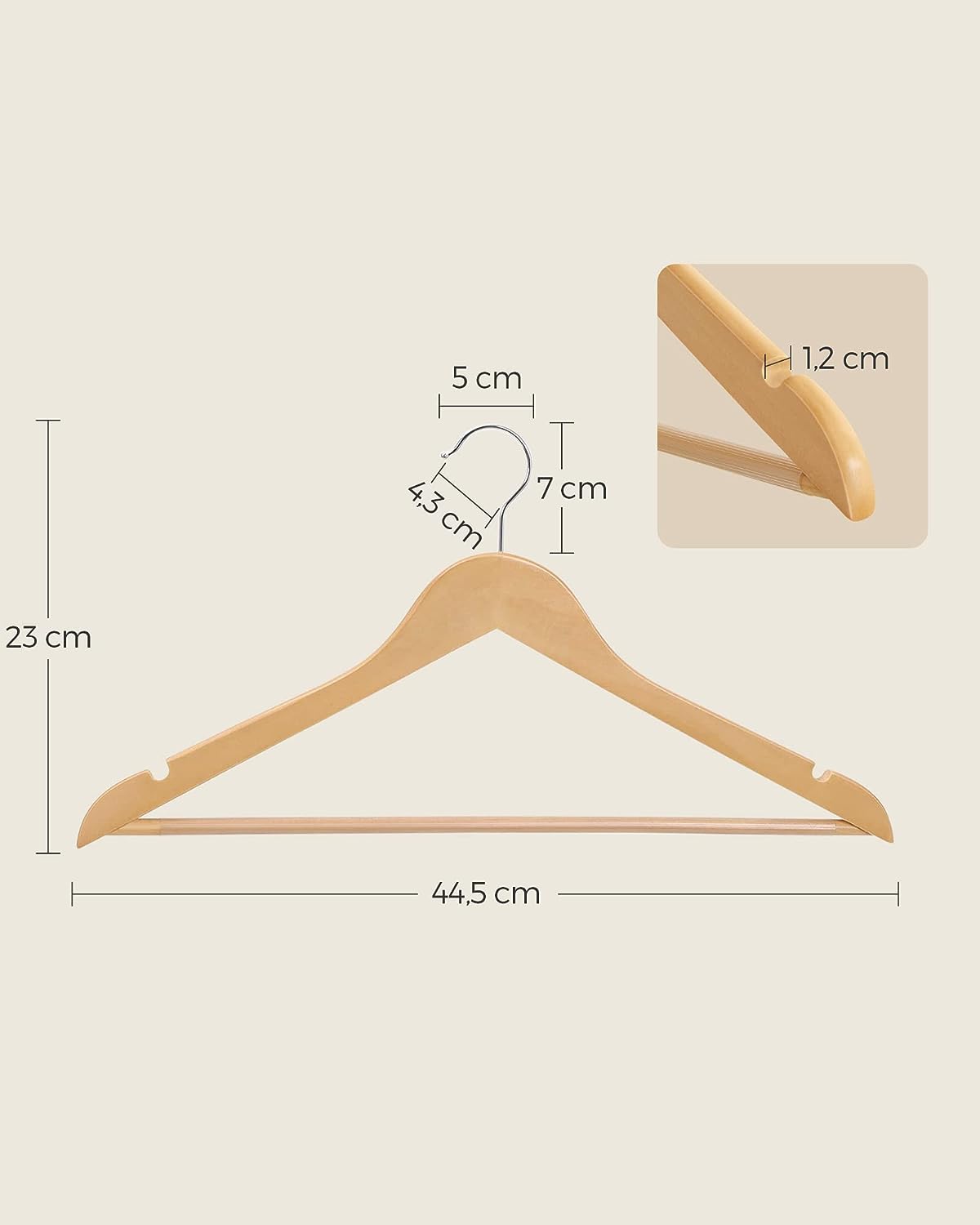 SONGMICS Set de 10 umerase din lemn, cu bara anti-alunecare pentru pantaloni, carlig pivotant la 360°, 45cm, natur
