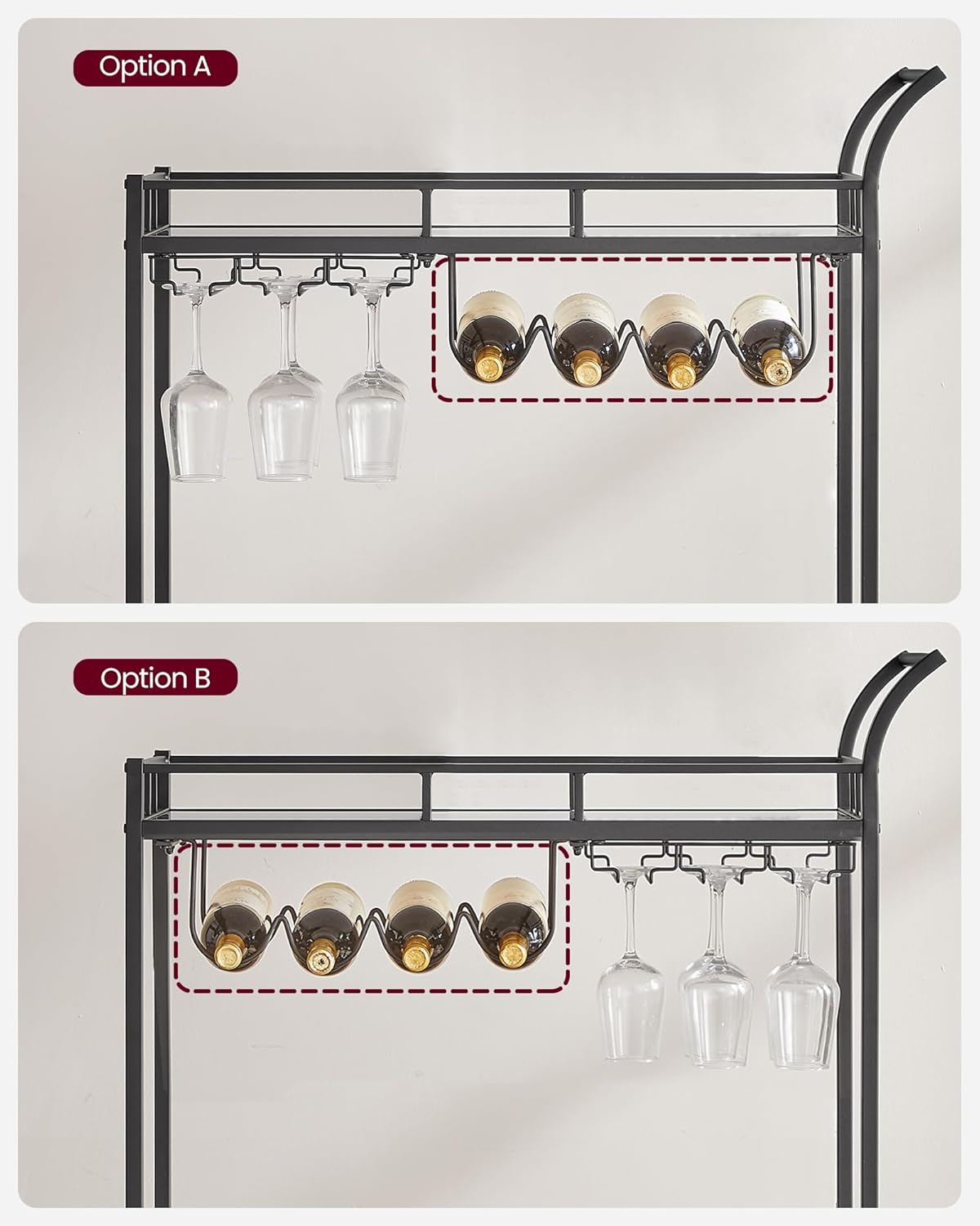 VASAGLE Carucior de servire pentru vin, suport sticle si pahare, cu 2 rafturi din sticla, 38x86x90 cm, negru