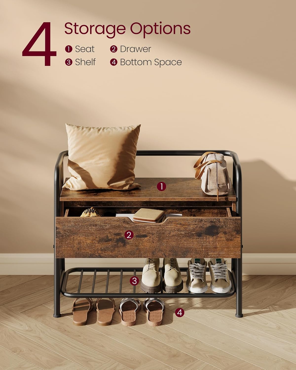 VASAGLE Pantofar cu banca de depozitare, raft si sertar, stil industrial, 30x80x64 cm, maro rustic