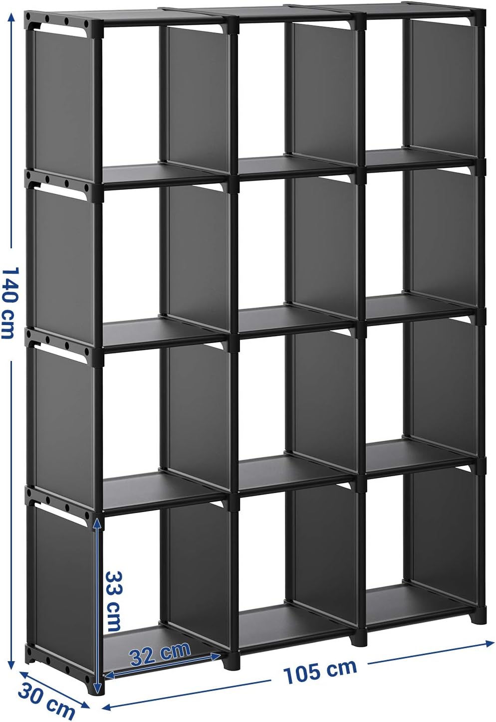 SONGMICS Raft de depozitare modular cu 12 cuburi, textil, personalizabil, 30x105x140 cm, negru