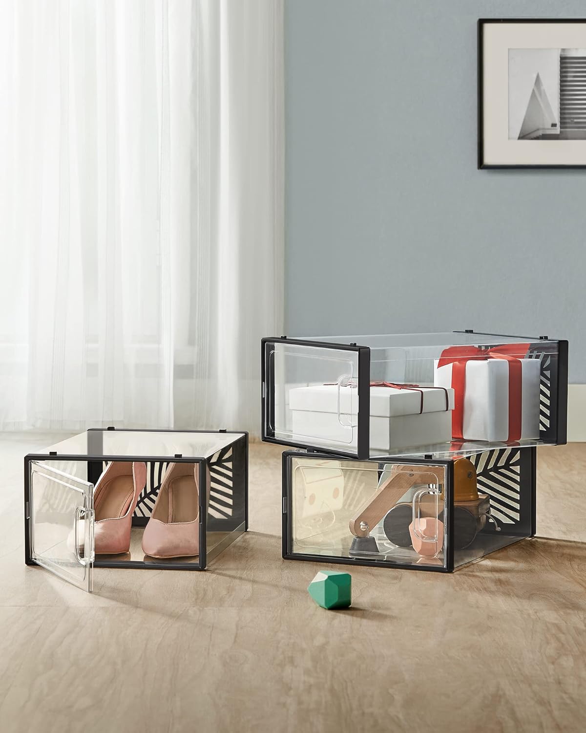 SONGMICS Cutii de pantofi, set 18 organizatoare stivuibile, structura rezistenta ABS, 34x23x14 cm, transparent si negru