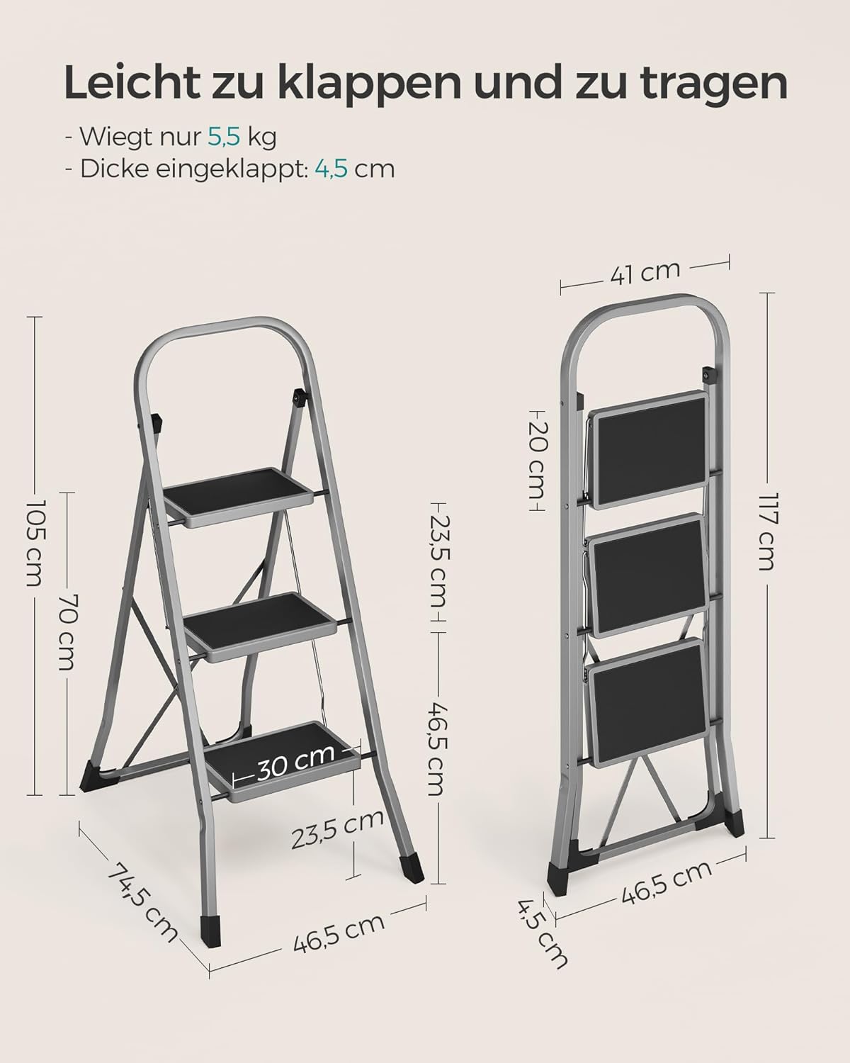SONGMICS Scara pliabila cu 3 trepte, cauciuc antiderapant, sarcina 150 kg, otel, 47x75x105cm, gri si negru