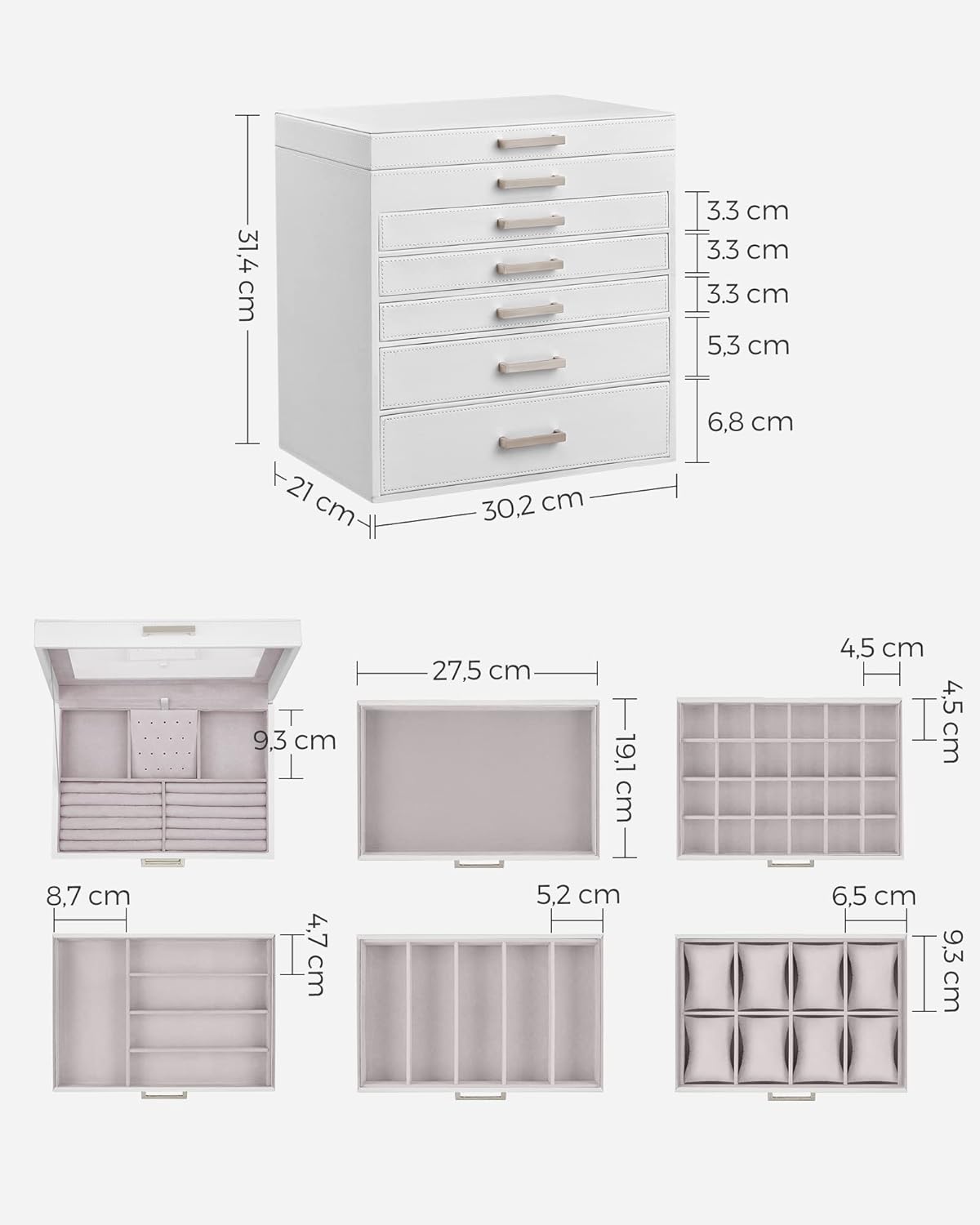 Cutie de bijuterii din MDF cu 6 nivele, 5 sertare, cu oglinda 31x32x22cm, alb