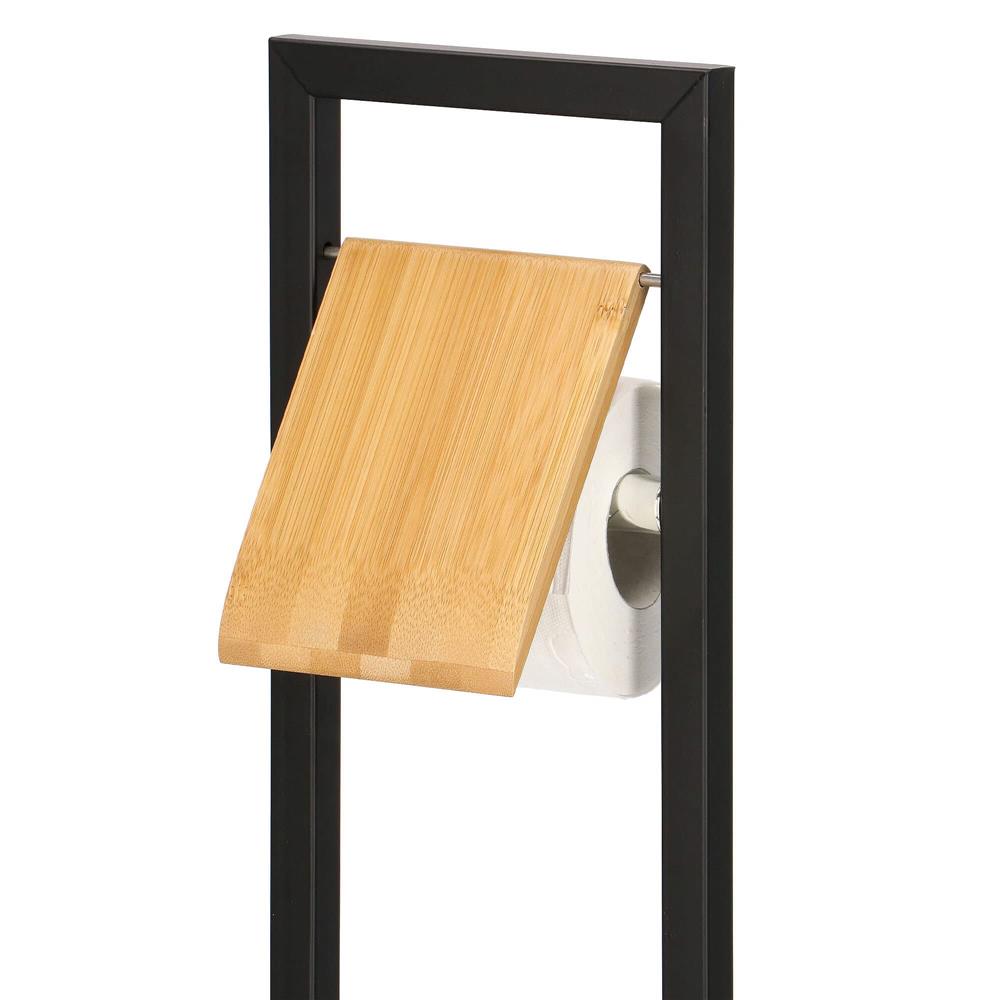 Stand cu perie WC si suport hartie igienica, metal si bambus, 80cm, negru
