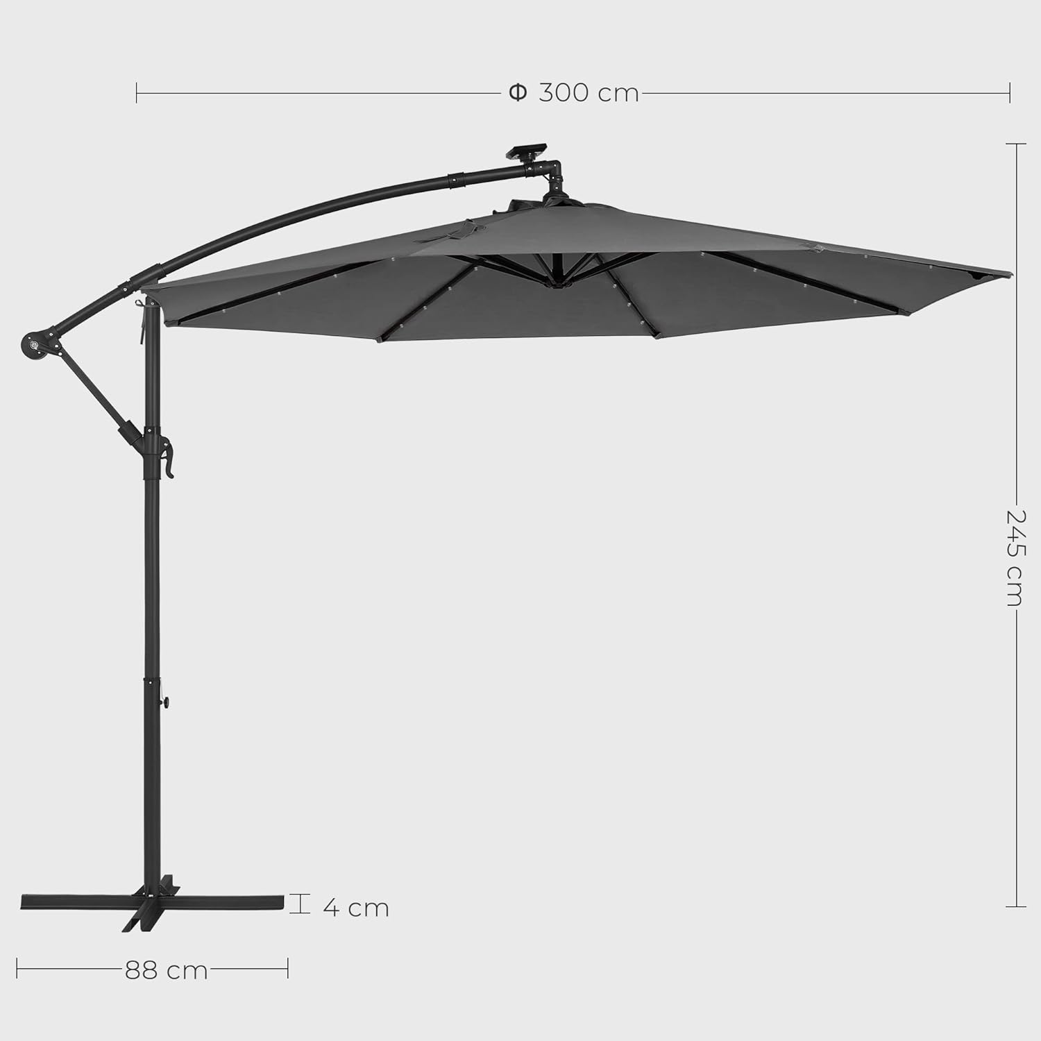 SONGMICS Umbrela de gradina cu brat lateral banana, 300cm, cu iluminare LED solara, gri
