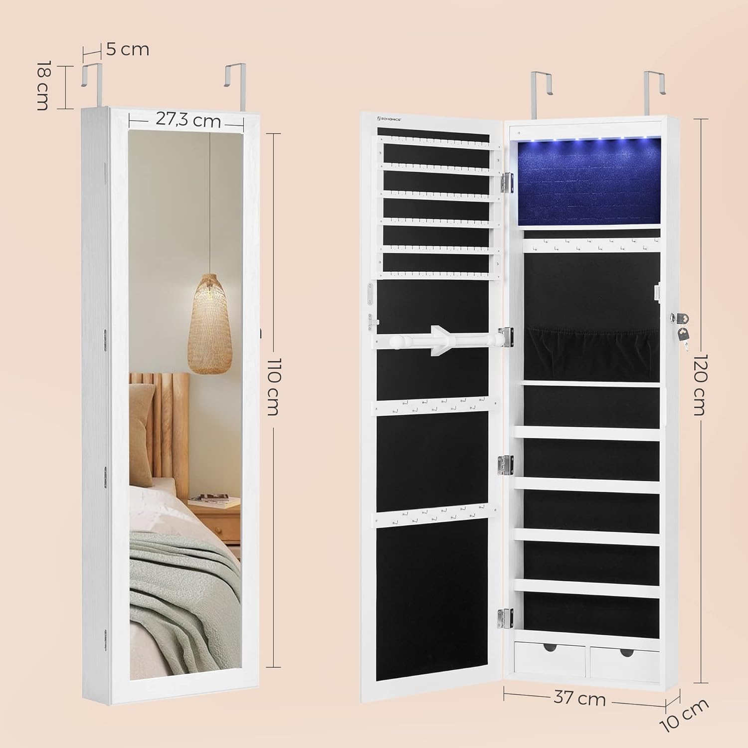 SONGMICS Dulap de bijuterii cu oglinda, montare pe perete, incuietoare, 37x10x120cm, alb