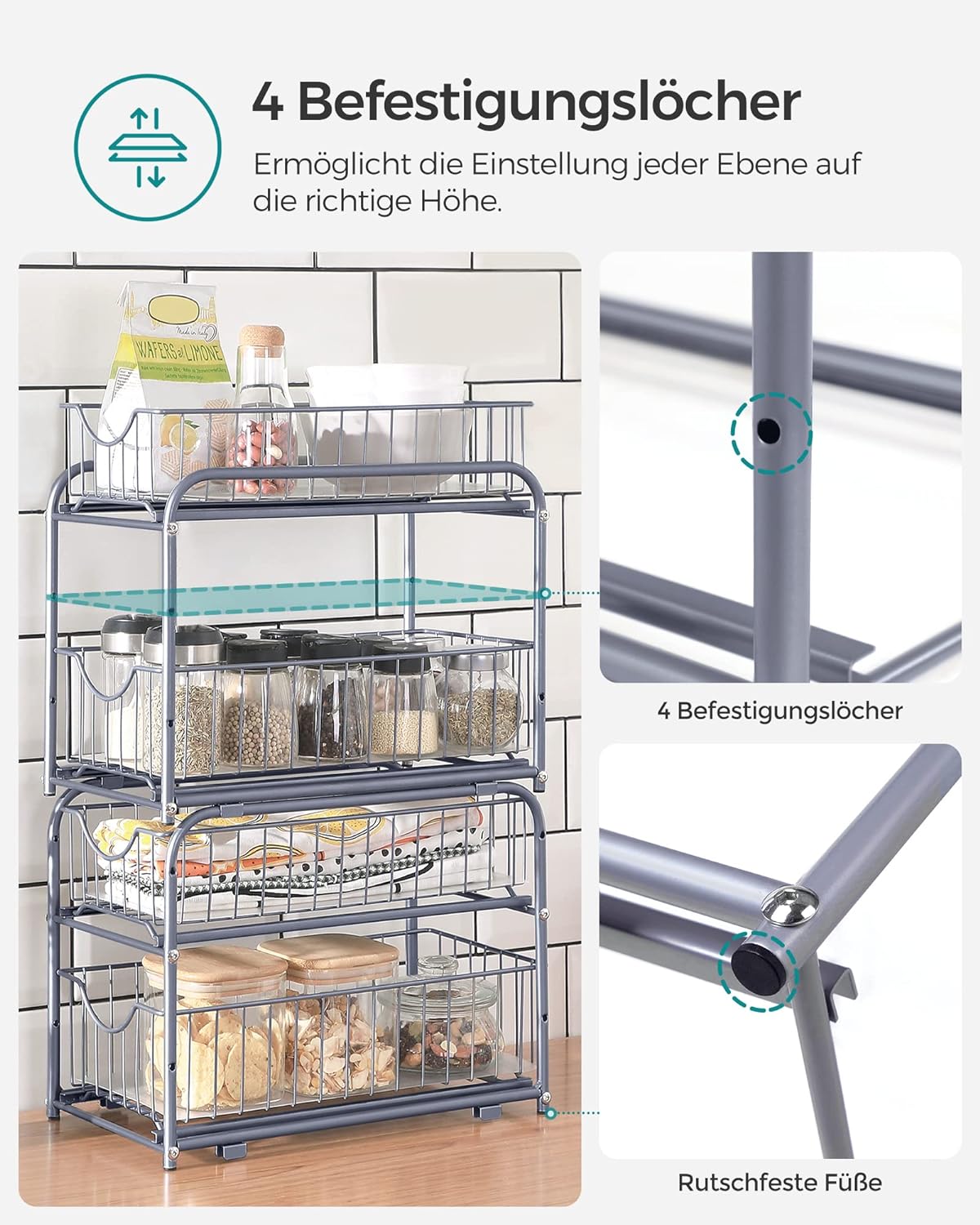 SONGMICS Raft organizator de depozitare cu 2 niveluri, cu sertare glisante, pentru bucatarie sau baie, 21x37x34cm, argintiu