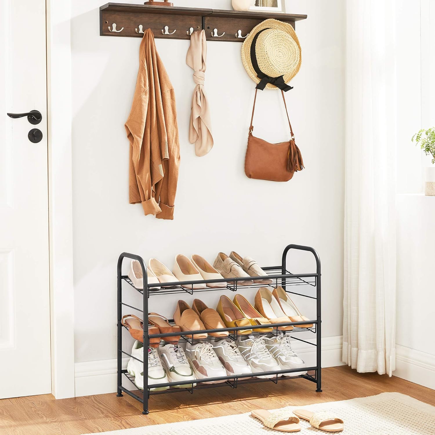 SONGMICS Raft de depozitare pantofi, din metal, pe 3 niveluri, cu rafturi unghiulare reglabile, 28x69x50cm, negru