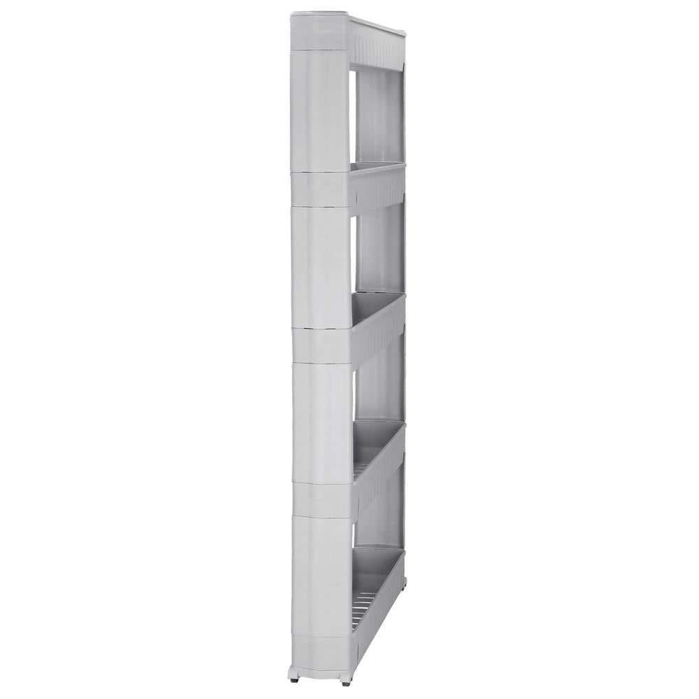Sistem rafturi de depozitare cu roti pentru bucatarie sau baie cu 5 polite, 54x13x132cm, gri