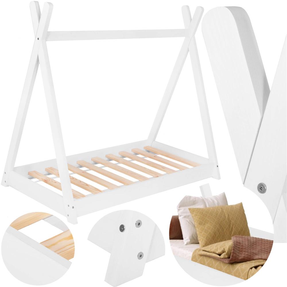 Pat din lemn pentru copii, model TeePee, somiera inclusa, 61x146x130 cm, alb