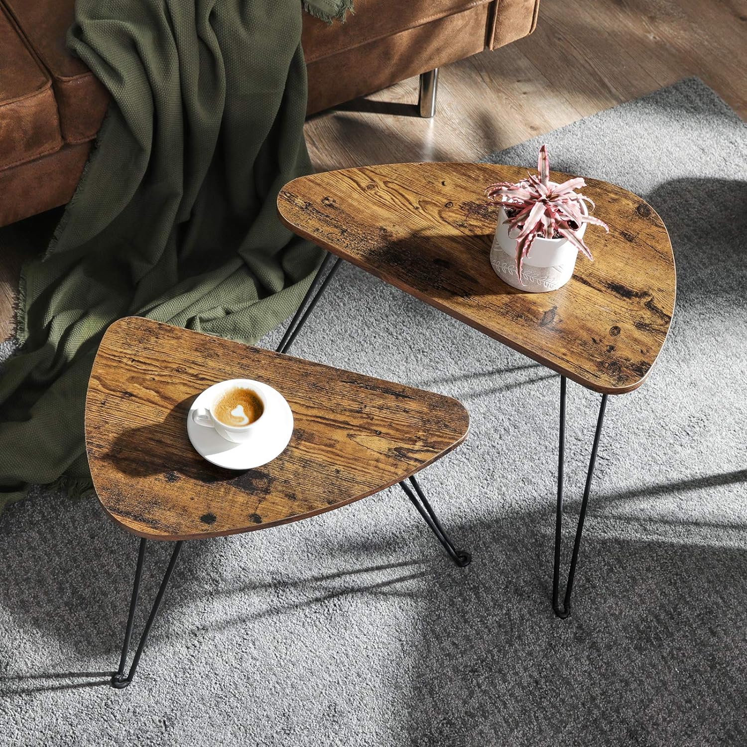VASAGLE Set de 2 mese de cafea, stil industrial, 60x38x48cm si 52x32x43cm, maro rustic si negru
