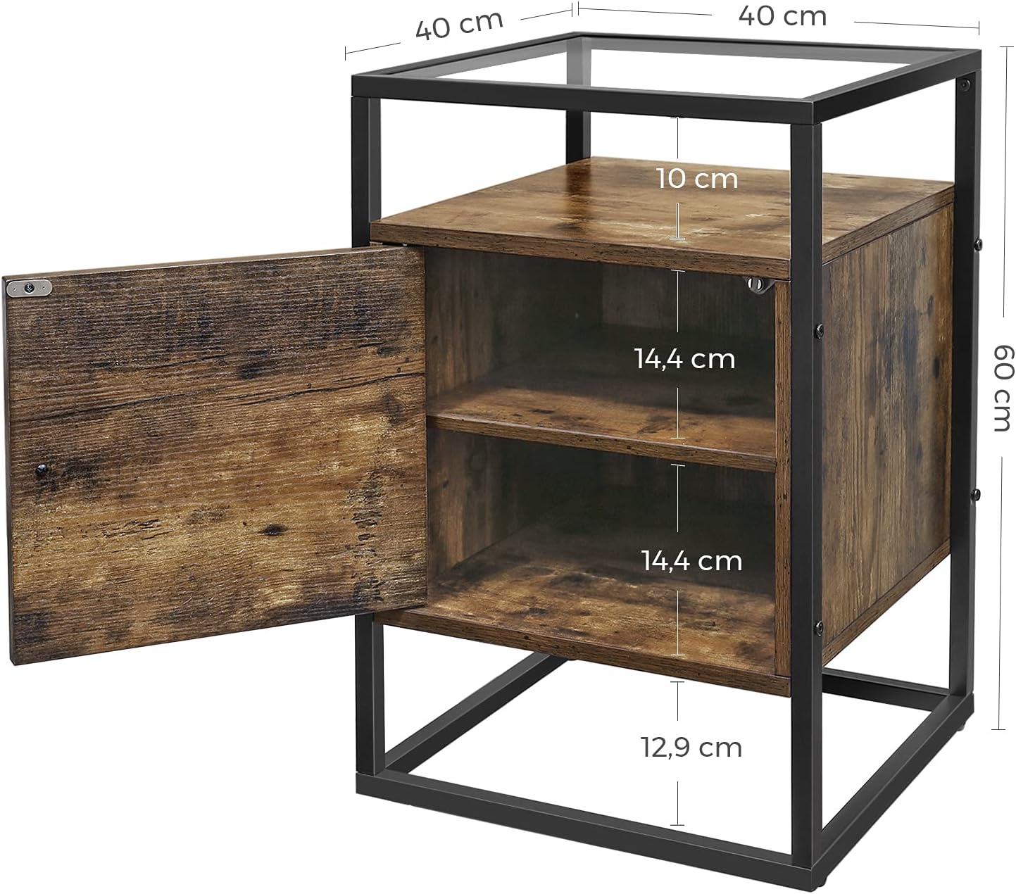 VASAGLE Noptiera cu spatiu de depozitare cu usa, blat din sticla, design industrial, 40x40x60cm, maro rustic
