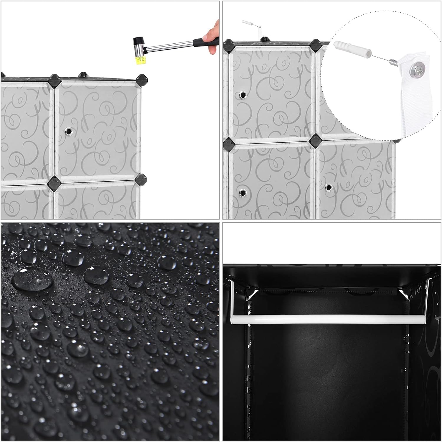 SONGMICS Dulap de depozitare modular, 12 compartimente inchise, 2 sine pentru umerase, 178x143x36cm, negru si alb