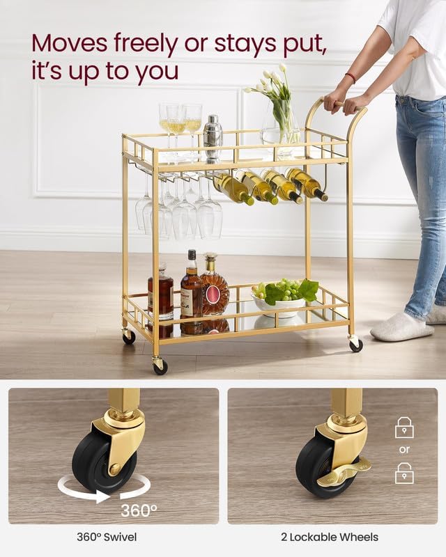 VASAGLE Carucior de servire pentru vin, suport sticle si pahare, cu 2 rafturi din sticla, 38x86x90cm, auriu