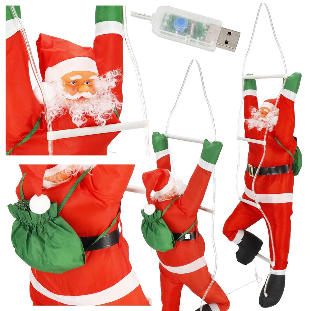 Figurina Craciun, Mos Craciun pe scara, cu iluminare LED, alimentare USB, pentru interior