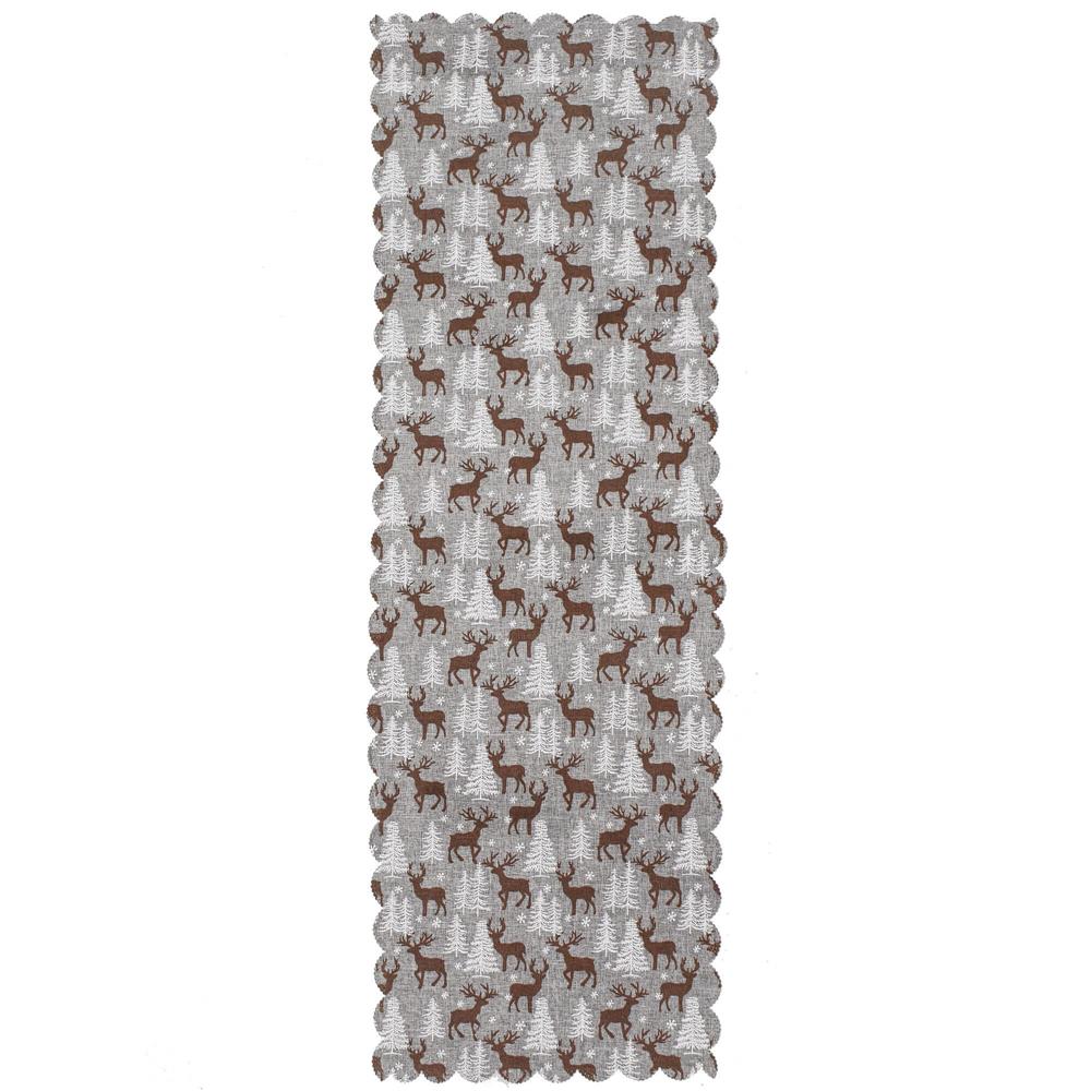 Fata de masa pentru decor, cu motive de Craciun, din stofa, 35x186cm, gri