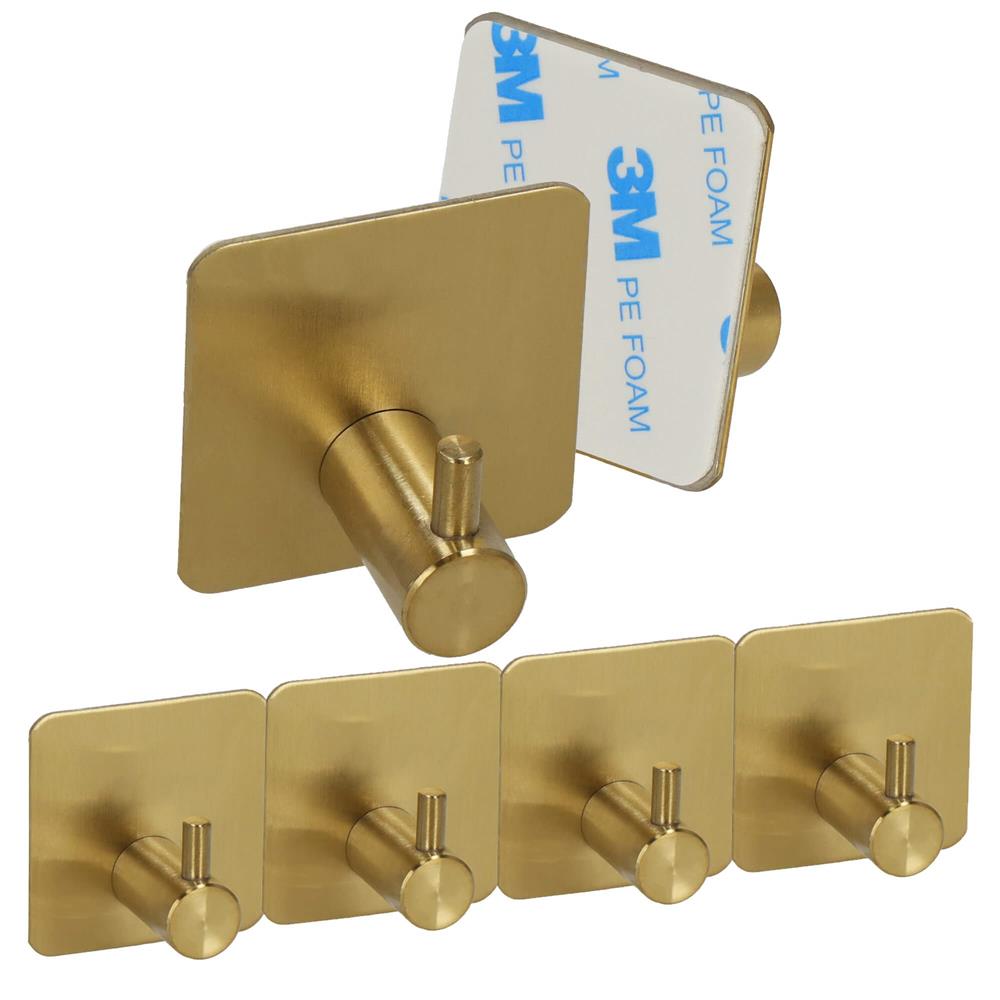 Set 4 agatatori tip cuier pentru baie, sistem fixare inclus, aluminiu, auriu