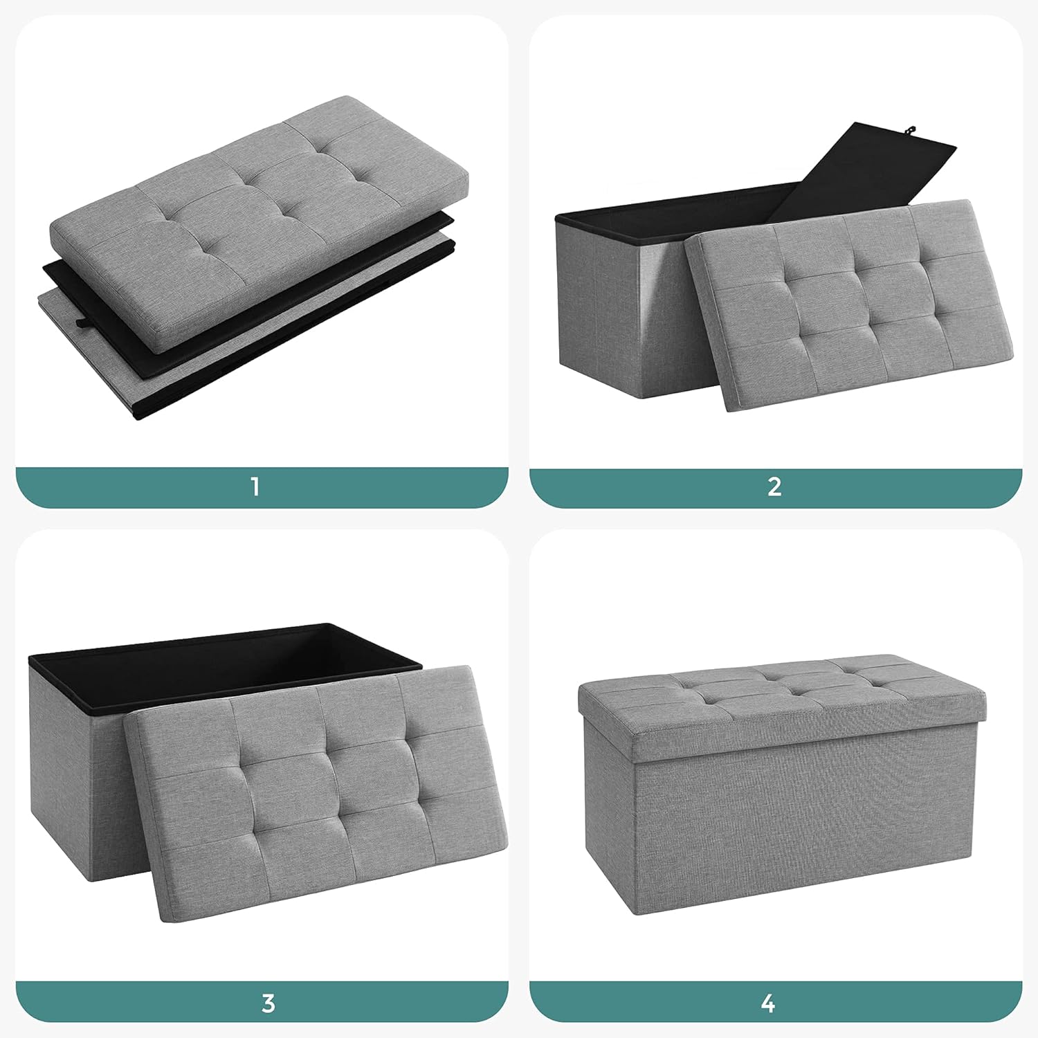 SONGMICS Taburet pliabil cu sezut moale, spatiu de depozitare 80litri, maxim 300kg, 76x38x38cm, gri