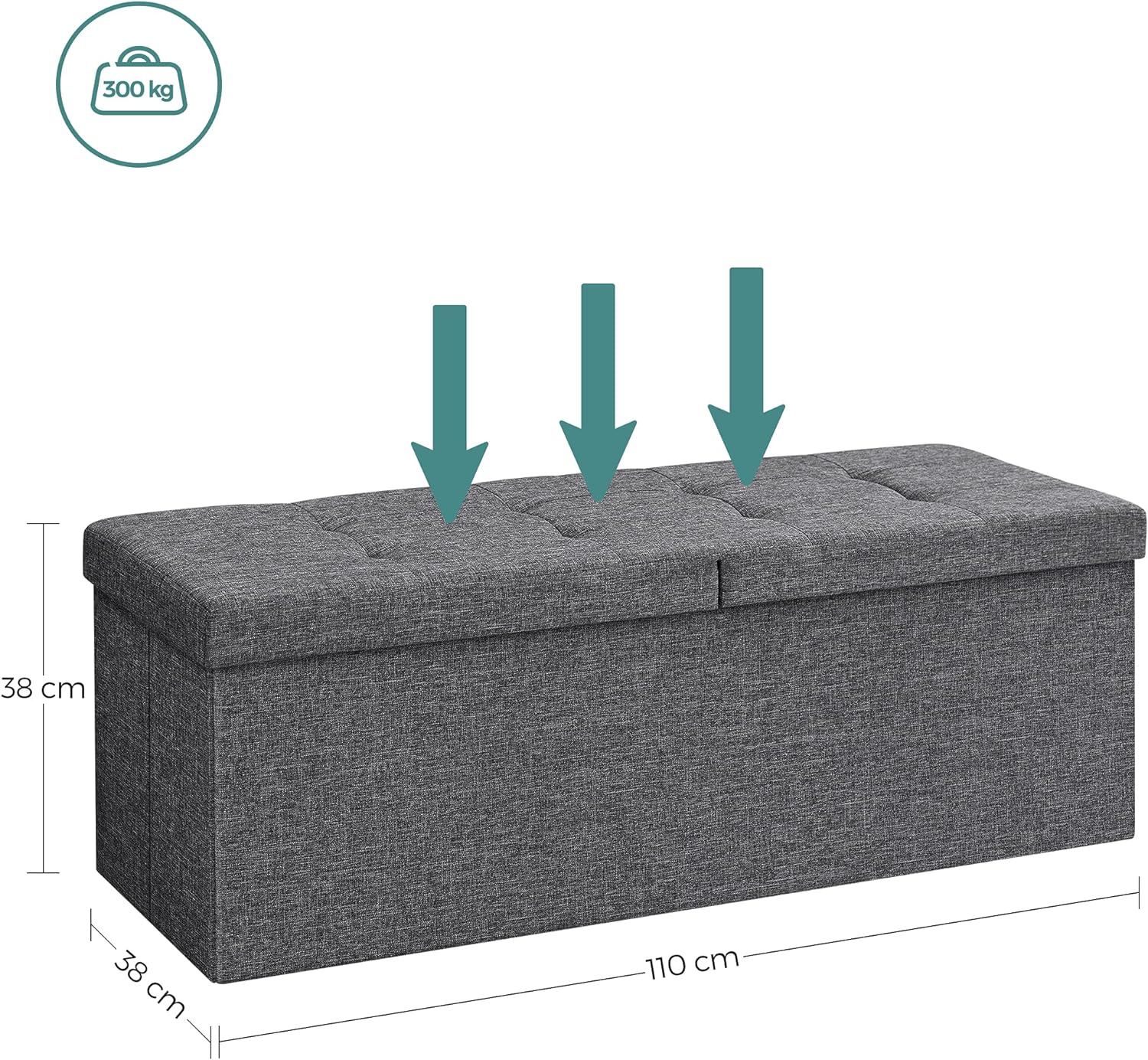 SONGMICS Taburet pliabil cu sezut moale, spatiu de depozitare 120litri, maxim 300kg, 110x38x38cm, gri