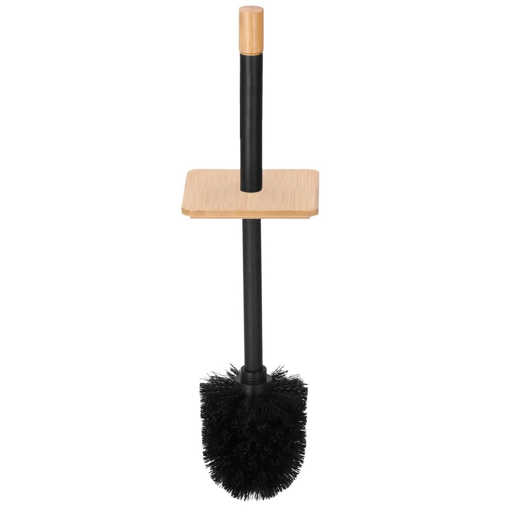 Perie WC cu rezervor detasabil si capac, din metal si bambus, 40 cm, negru