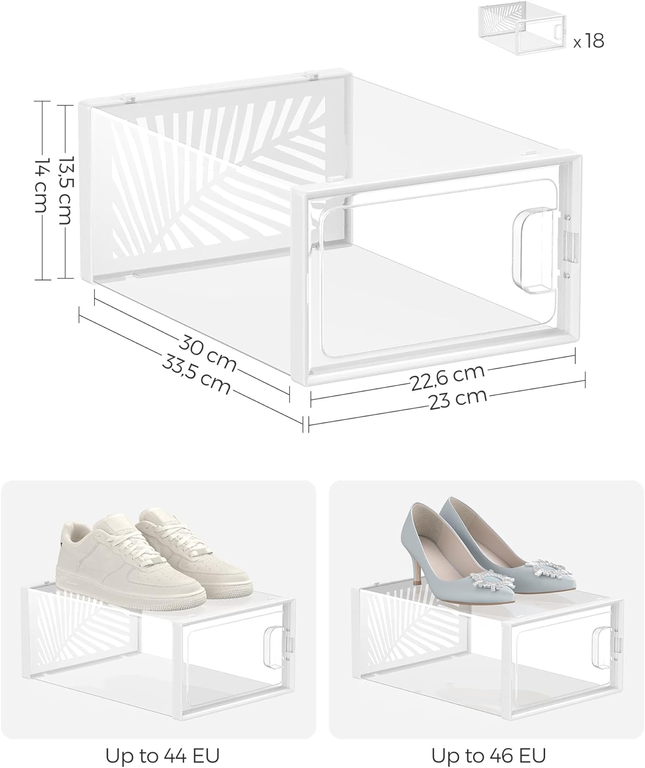 SONGMICS Cutii de pantofi, set de 18 organizatoare stivuibile, structura rezistenta ABS, 34x23x14cm, transparent