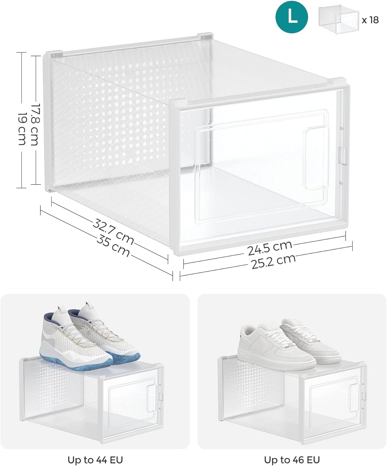 Cutii de pantofi, set de 18 organizatoare stivuibile, structura rezistenta ABS, 35x25x19cm, transparent