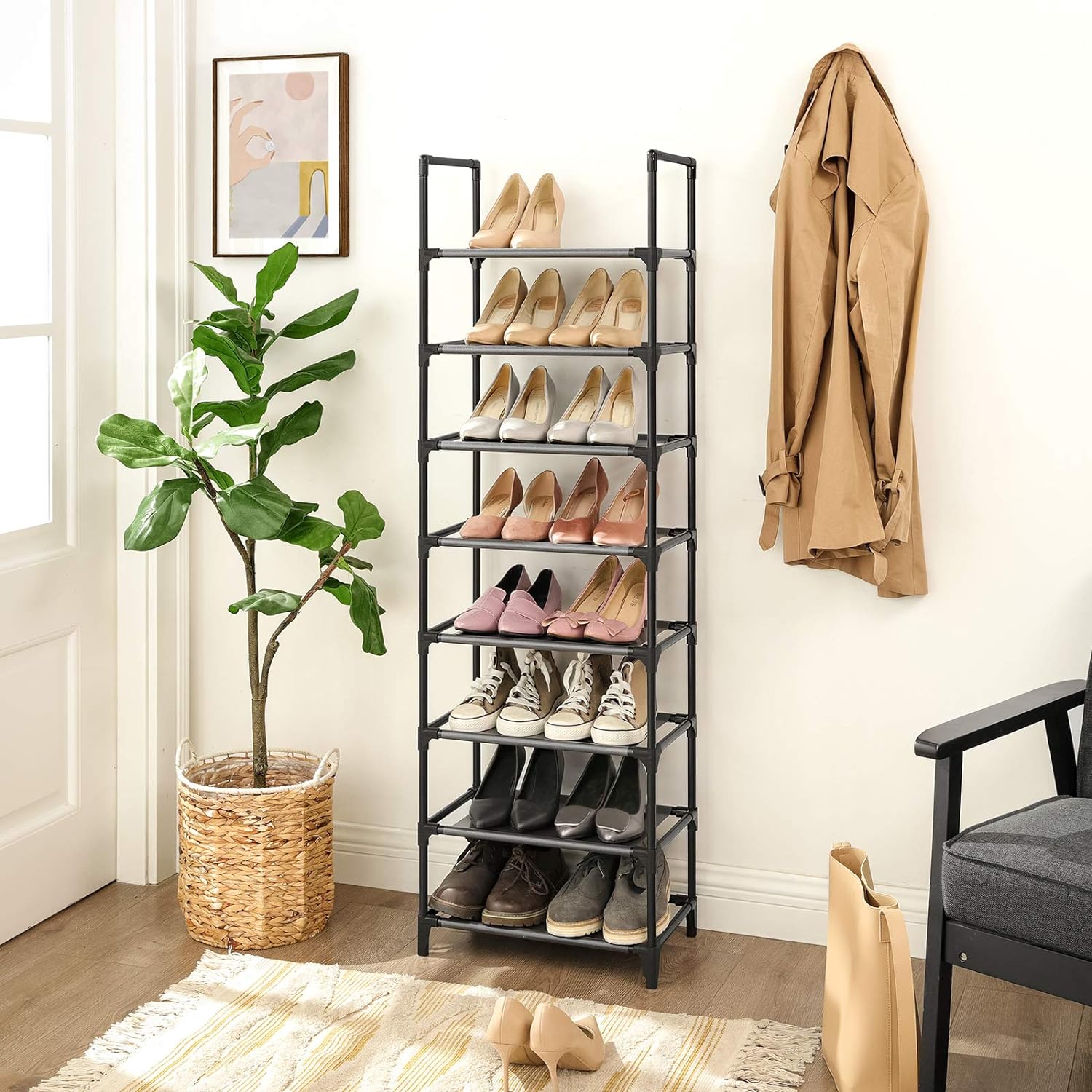 SONGMICS Raft de depozitare pantofi pe 8 niveluri, metal, instalare modulara, 28x46x145cm, negru