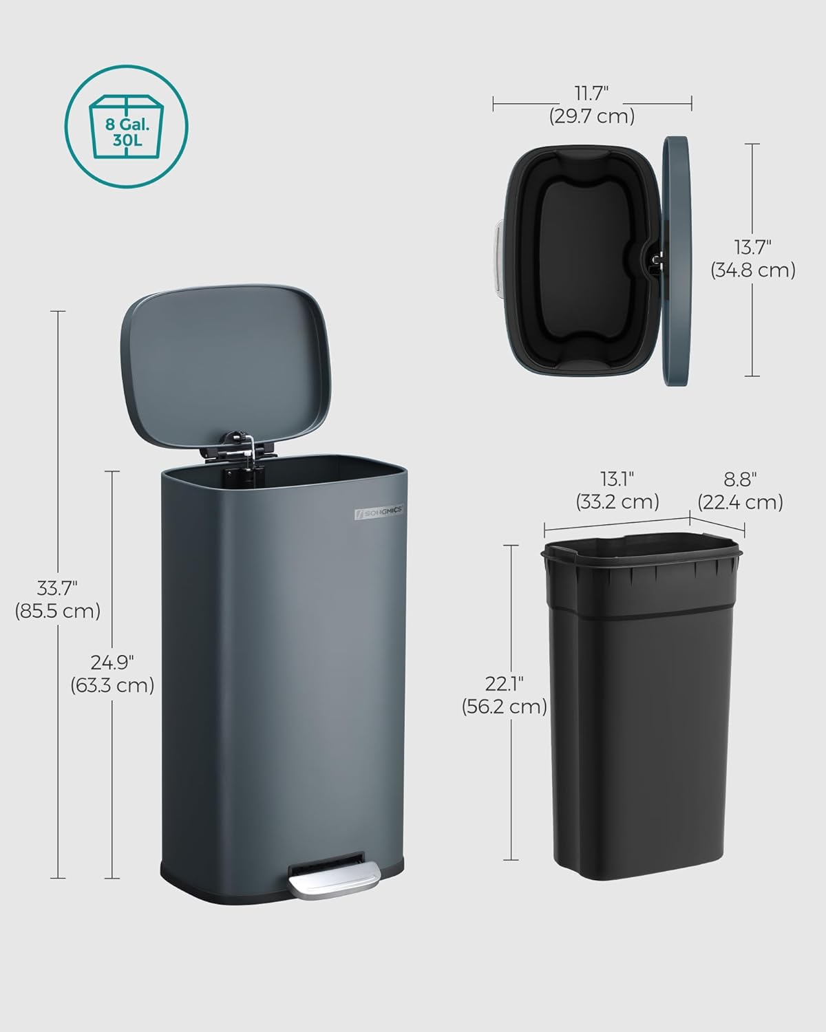 SONGMICS Cos de gunoi din otel cu pedala, galeata interioara plastic, capac inchidere lenta, 30L, 35x30x63cm, gri inchis