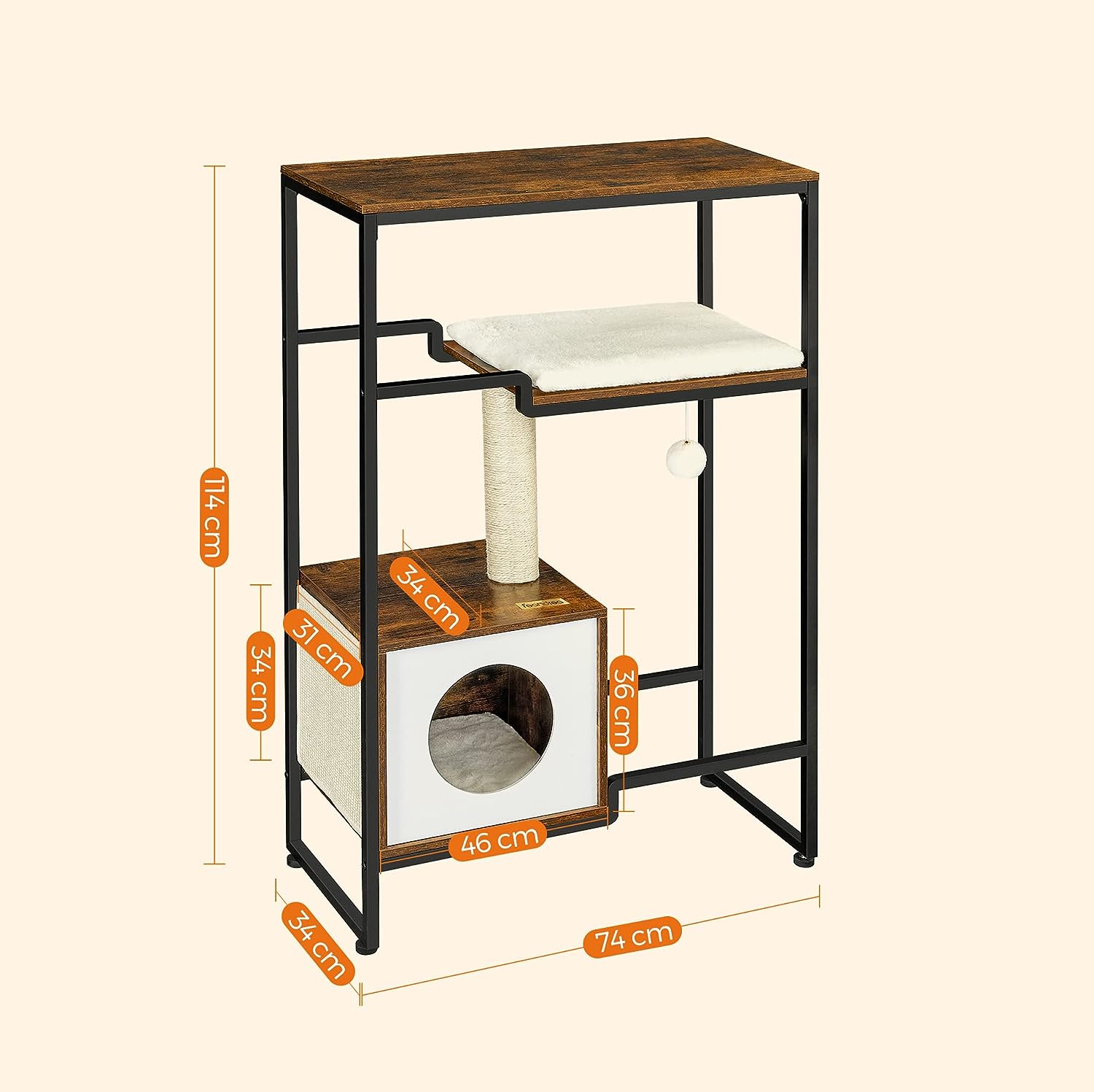 FEANDREA Mobilier 2 in 1 pentru pentru pisici cu ascunzatoare, 74x34x114cm, maro vintage