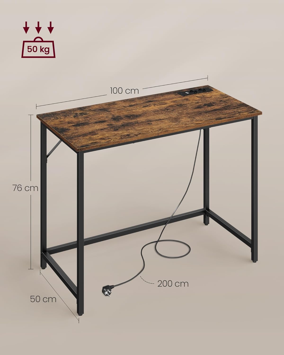 VASAGLE Birou cu iluminare LED, priza incorporata, 2 USB, 50x100x76 cm, maro rustic