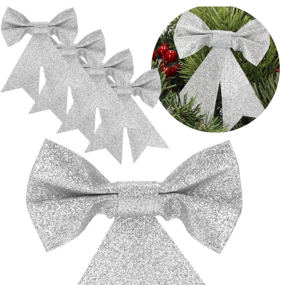 Set 4 ornamente pentru bradul de Craciun, fundita, 13cm, argintiu