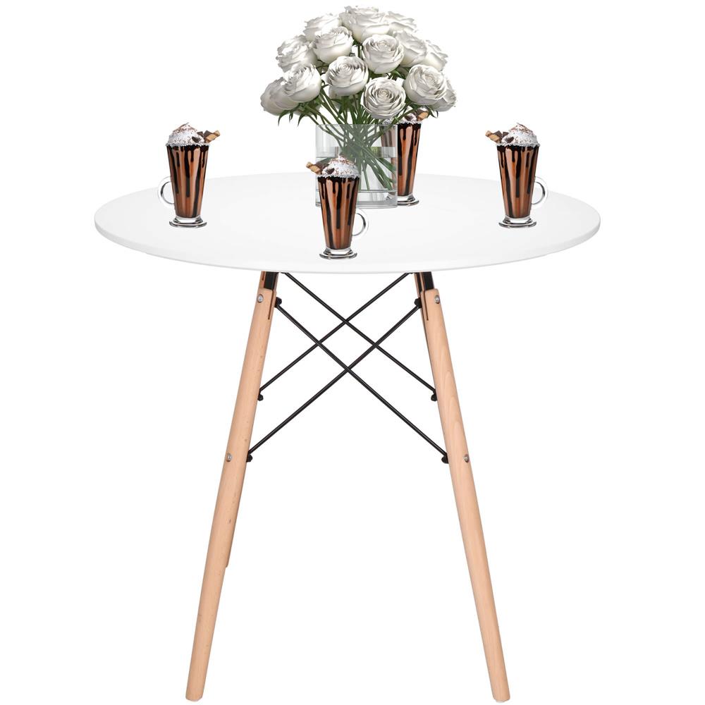 Masa dining bucatarie, rotunda, diametru 80 cm, inaltime 75 cm, Blat MDF, Picioare lemn, Alb