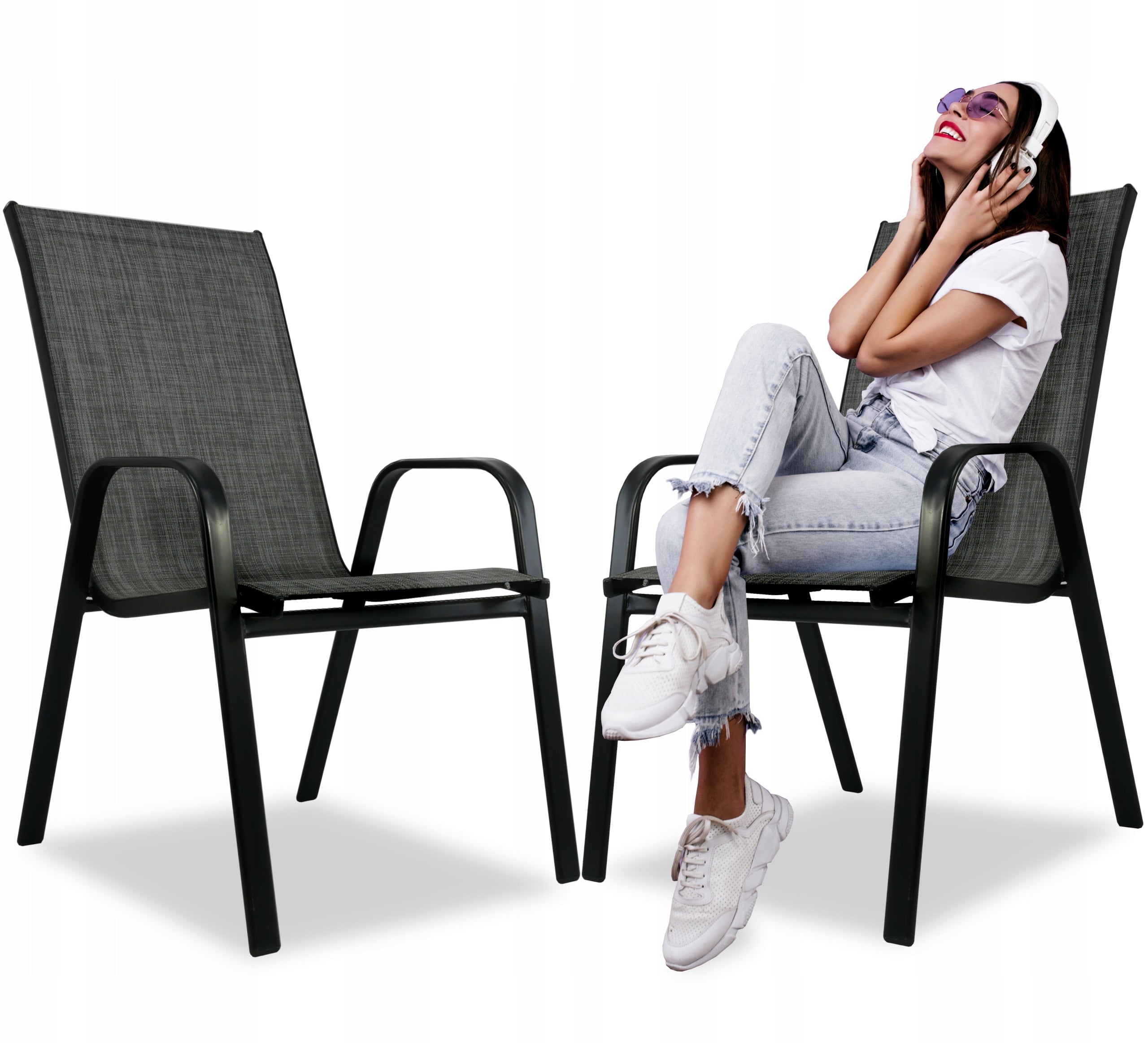 Set 2 scaune de gradina cu cadru metalic, stivuibile, 55x72x96cm, negru