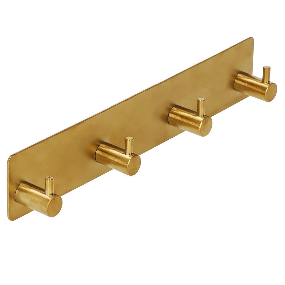Cuier de baie pentru prosoape, montare fara gaurire, otel, 4 agatatori, 24x4.5cm, auriu