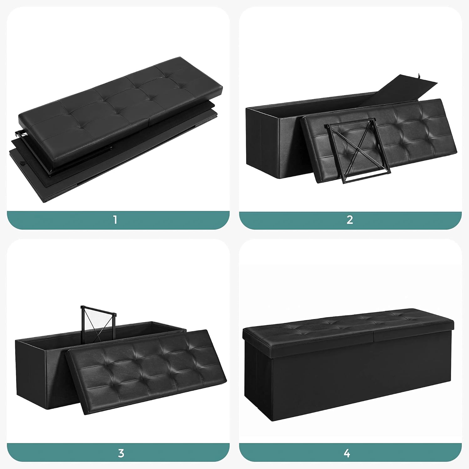 SONGMICS Taburet pliabil cu sezut moale, spatiu de depozitare 120litri, maxim 300kg, 110x38x38cm, negru