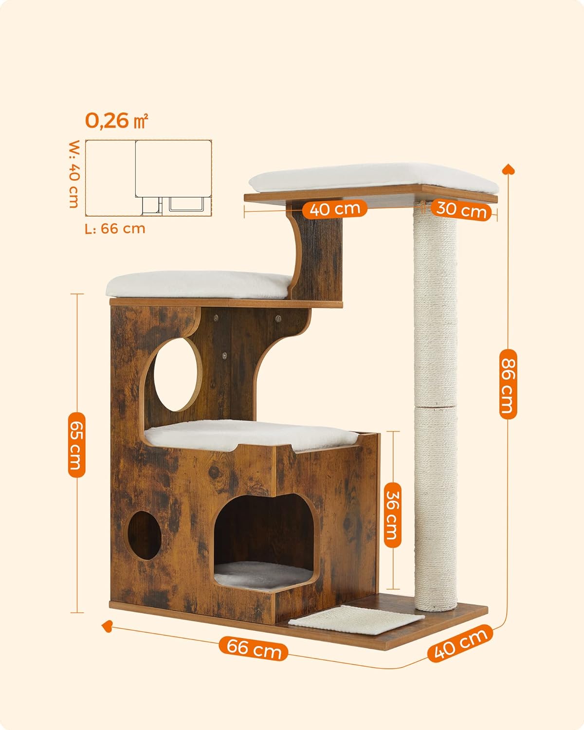 FEANDREA Ansamblu de joaca pentru pisici, tip mobilier, MDF, cu 3 culcusuri si ascunzatoare, 66x40x86cm, maro rustic