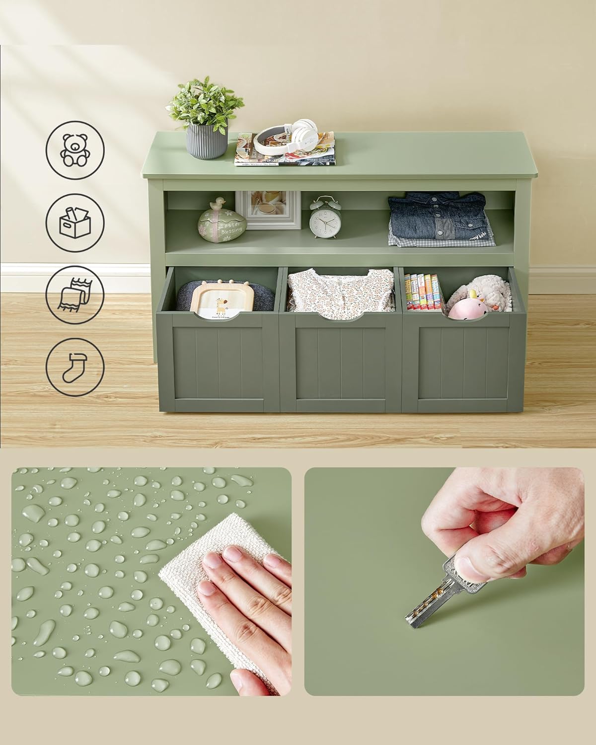 VASAGLE Dulap depozitare jucarii, din MDF, cu 3 compartimente detasabile pe roti, 30x102x60 cm, verde
