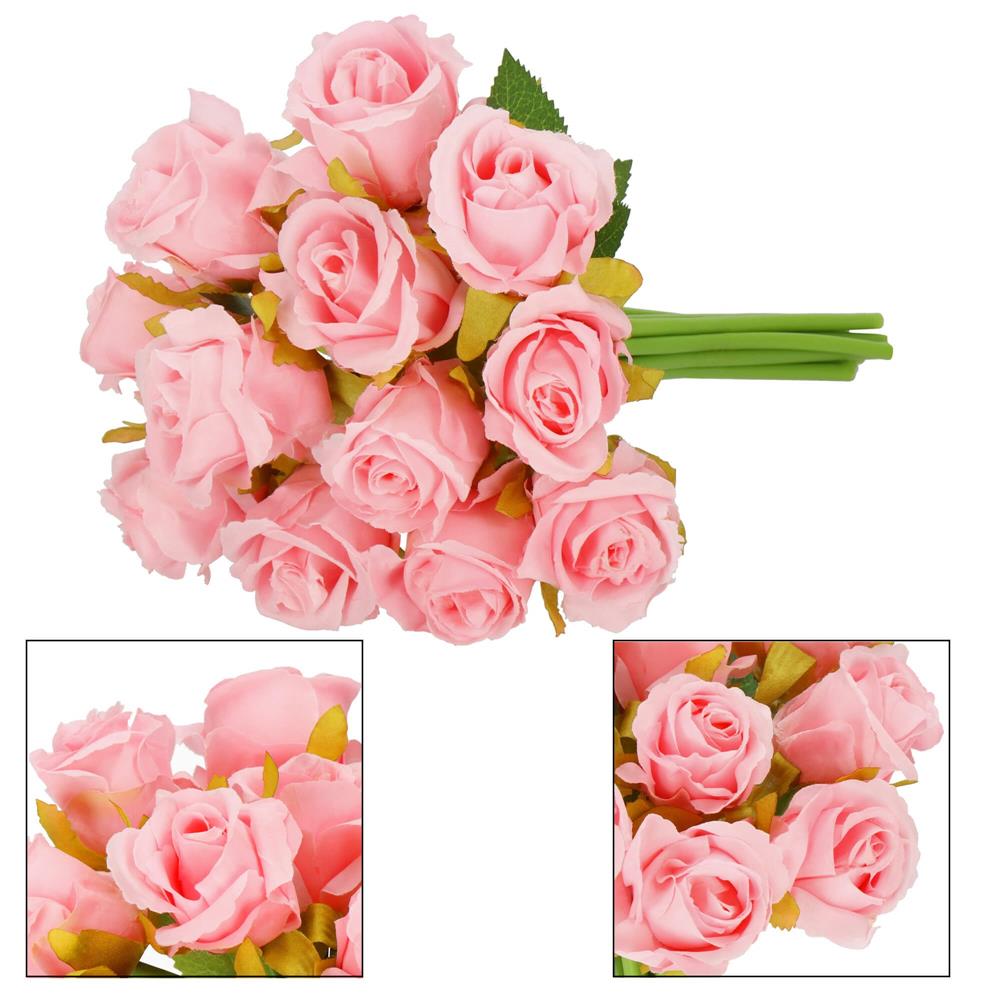 Buchet de flori artificiale din poliester, 12 fire trandafiri, 26cm, roz - 5