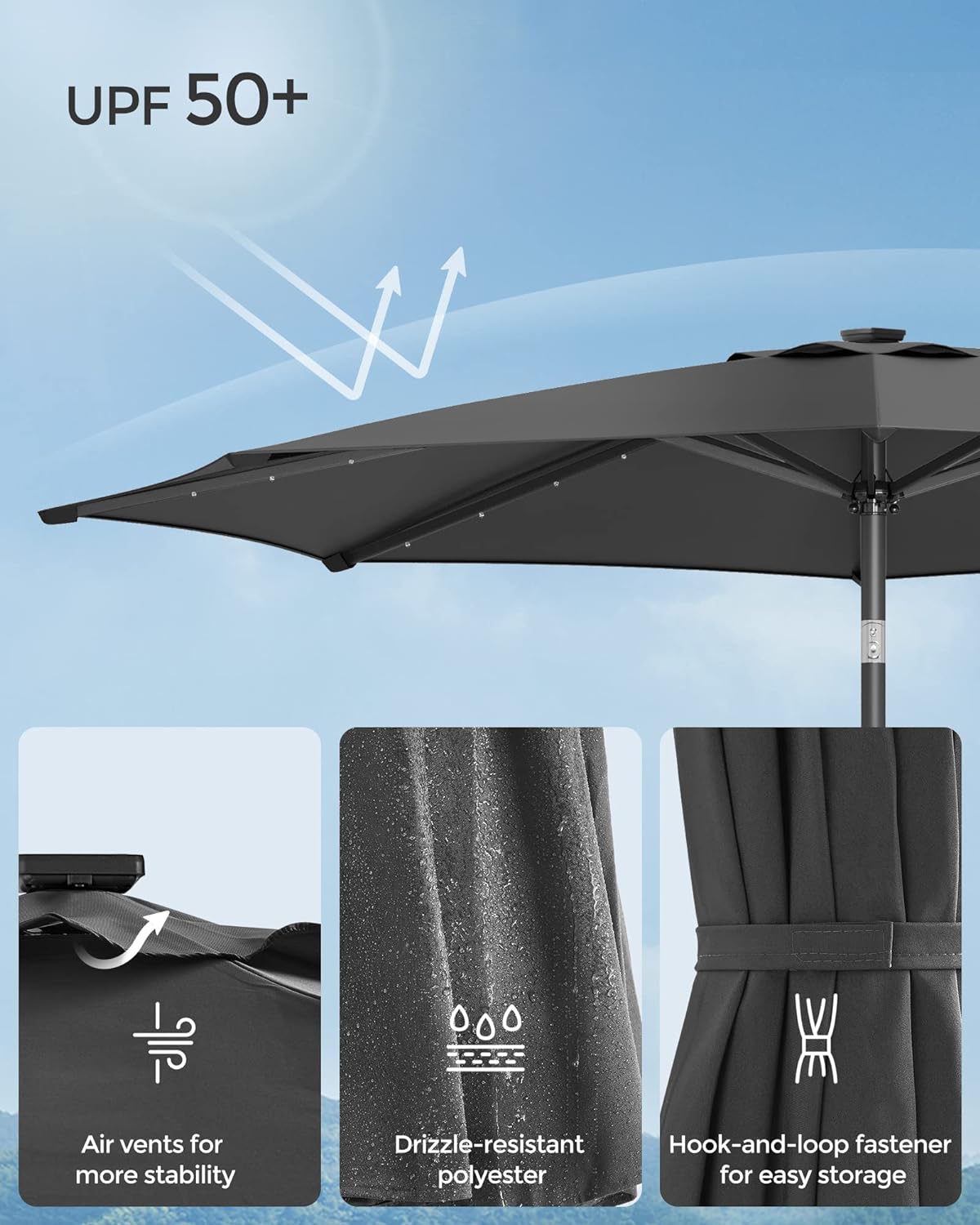 SONGMICS Umbrela de gradina, iluminare LED solara, cu manivela pentru deschidere, sistem inclinare, 300cm, gri - 6