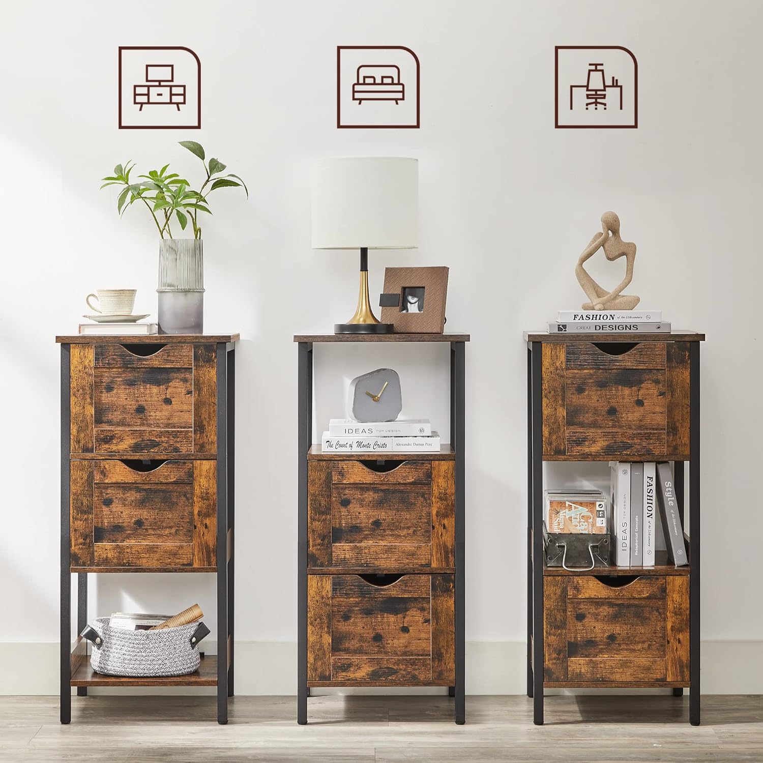 VASAGLE Noptiera inalta, din MDF, cu 2 sertare reglabile, 37x30x80 cm, maro rustic